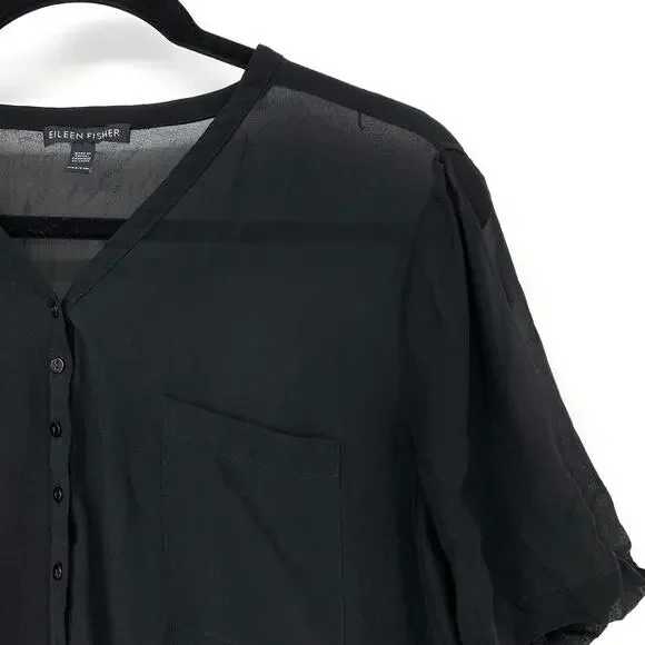 Eileen Fisher Black Sheer Silk Shift Dress Womens XXS Minimalist Tunic *READ - Picture 3 of 6